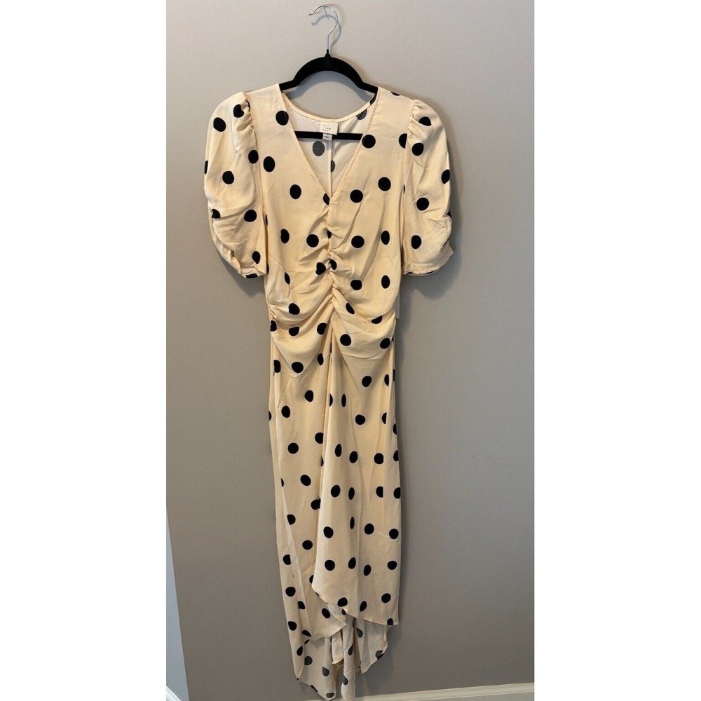 a new day Cream Midi Dress with Black Polka Dots and Ruched Front